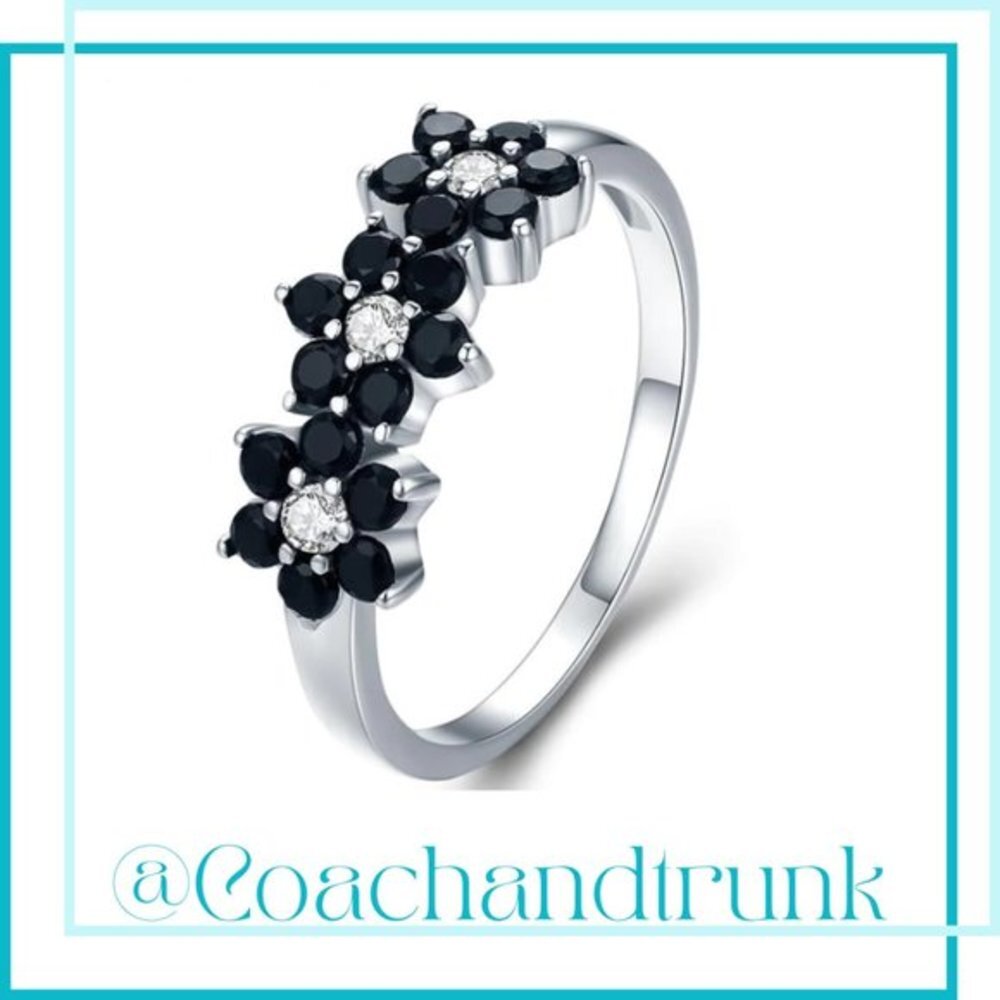 Sterling Silver 18 Black Spinel & 3 White Zirconia Prong Set 3 Flowers NWT Sz 7